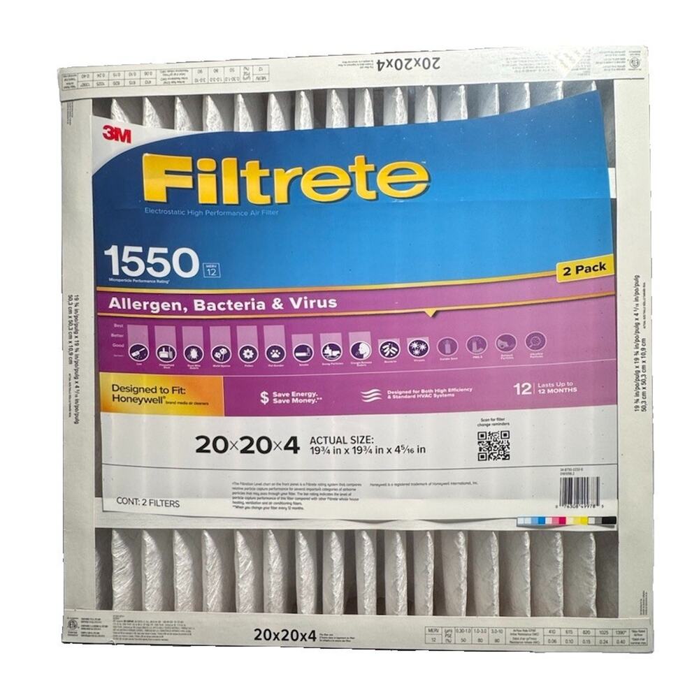 3M Filtrete 1550 20x20x4 MERV 12 HVAC Furnace Air Filters 2 Pack Honeywell